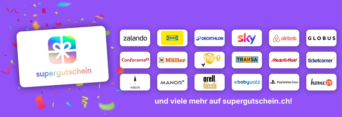 Supergutschein: einlösbar bei Zalando, IKEA, Decathlon, Sky, Airbnb, Globus, MediaMarkt, Manor, Orell Füssli und vielen mehr auf supergutschein.ch